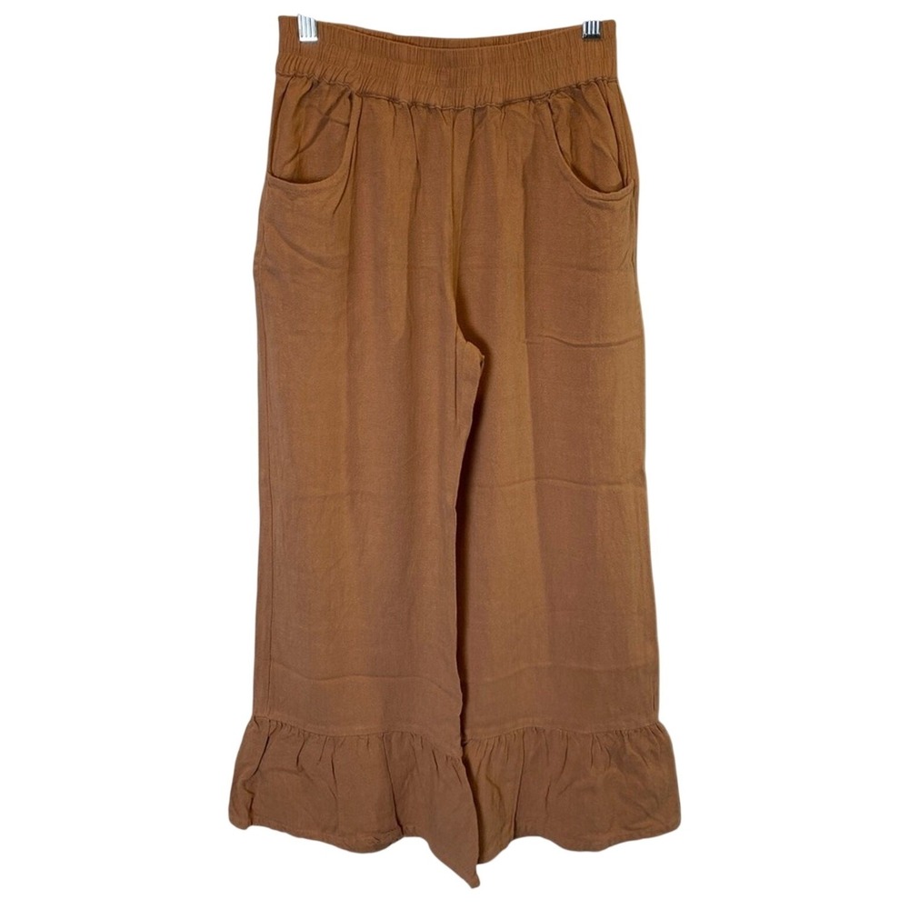 Umgee Rust Brown Ruffle Hem Cropped Wide-Leg Pants